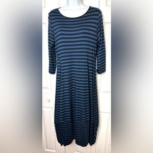 New COMFY USA Kati Dress Midi Jersey Knit Blue Black Striped 3/4 Sleeve Soft